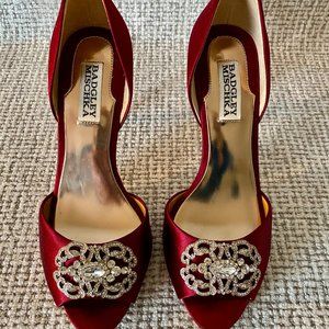 Badgley Mischka Seneca Heels in Red Satin w/ broches.